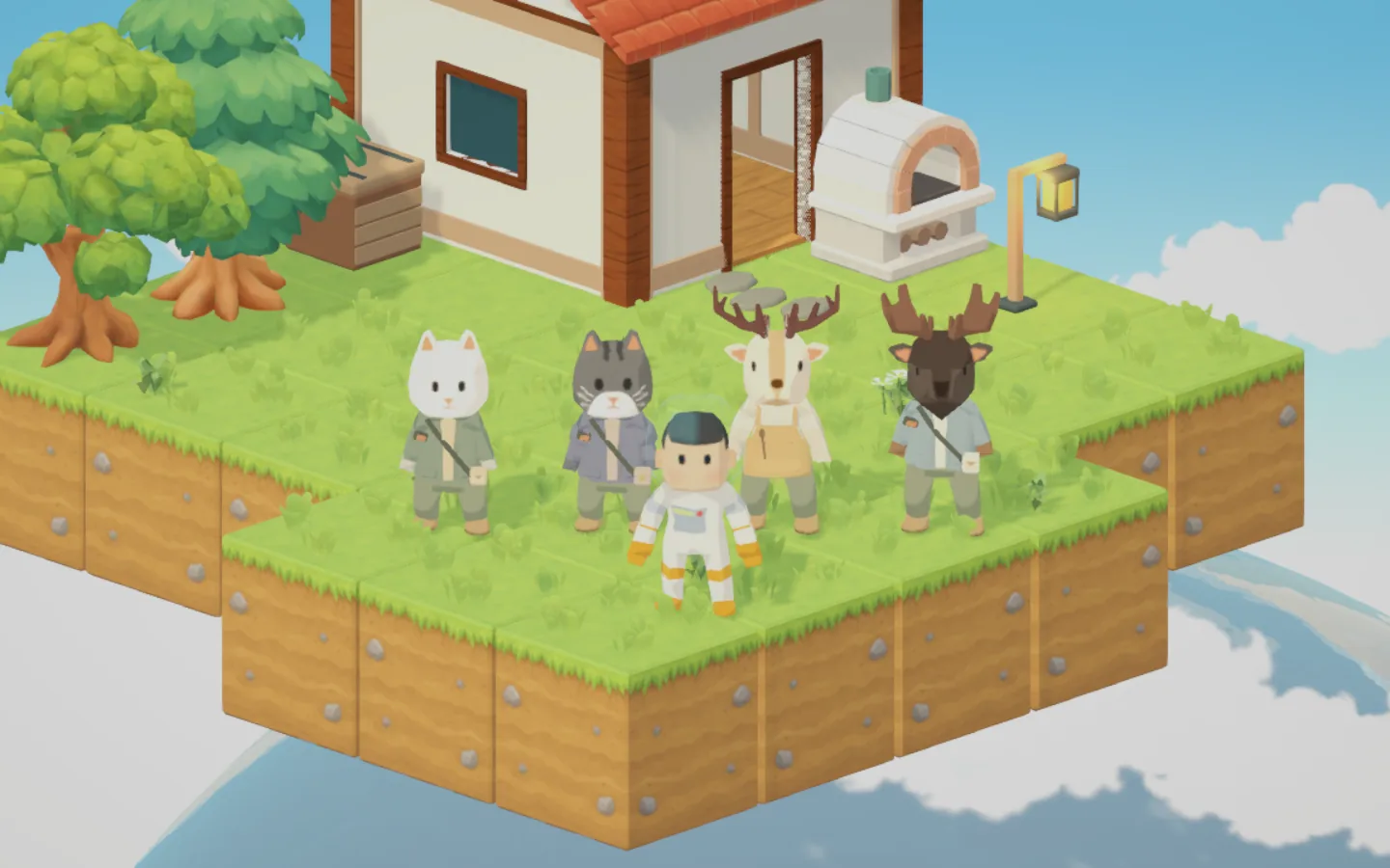 A floating island with a red-roofed house and its animal residents