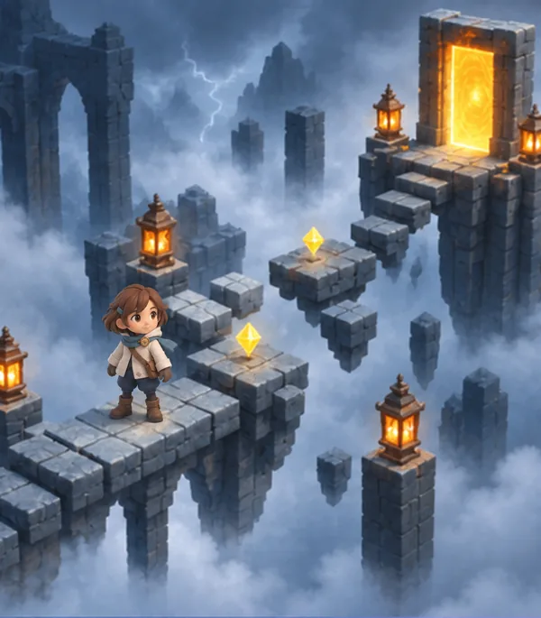 A misty world of stone paths and lanterns